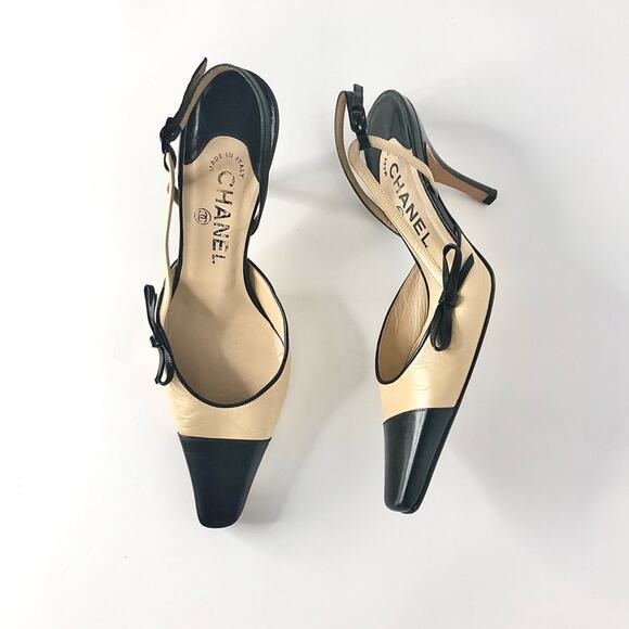 Vintage Chanel Lagerfeld Interlocking CC Mini Bow Cap Toe Slingback Pumps 36 - Picture 1 of 8